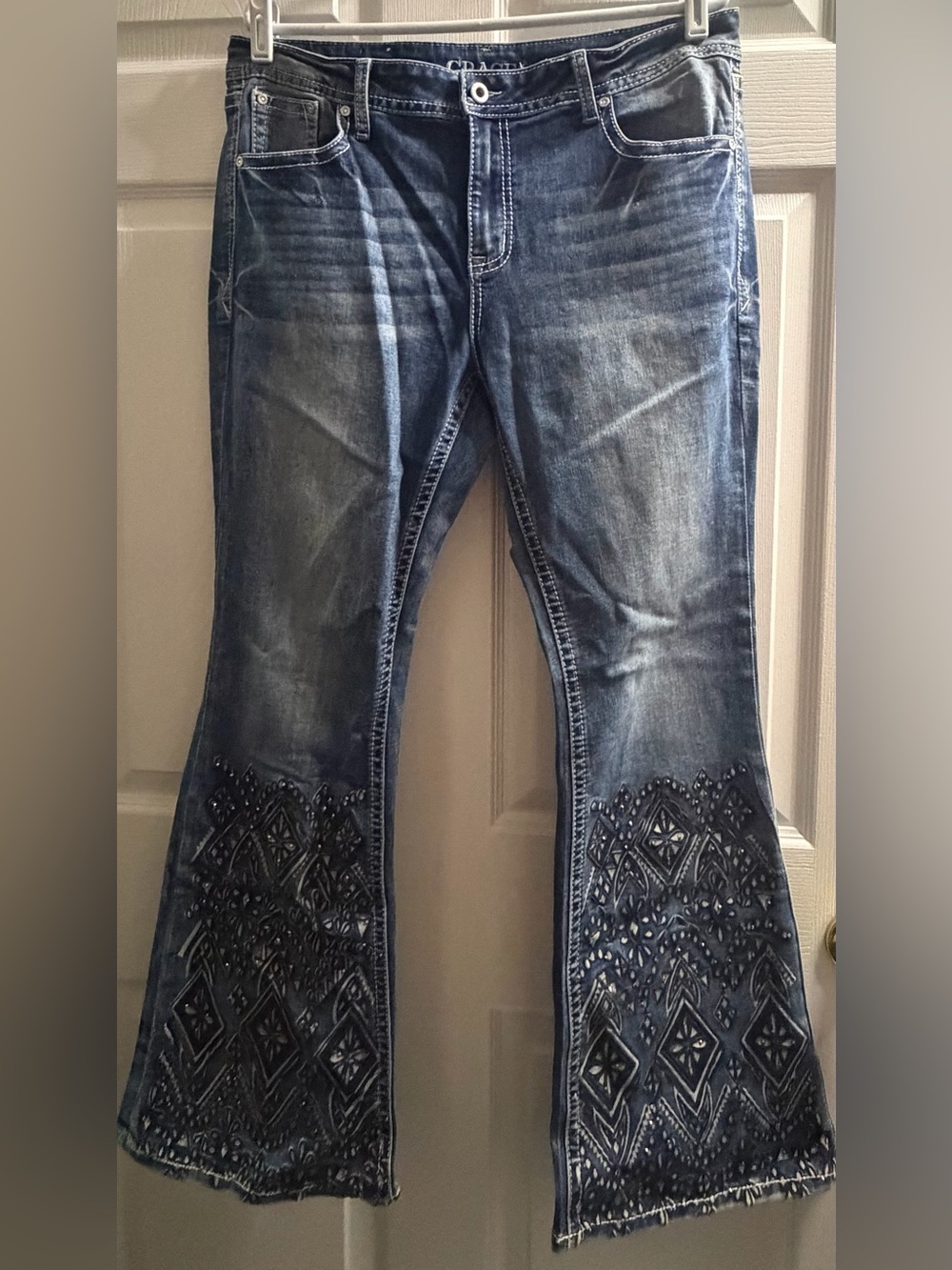 Grace in LA Dark Blue Embroidered Wide Leg Jeans